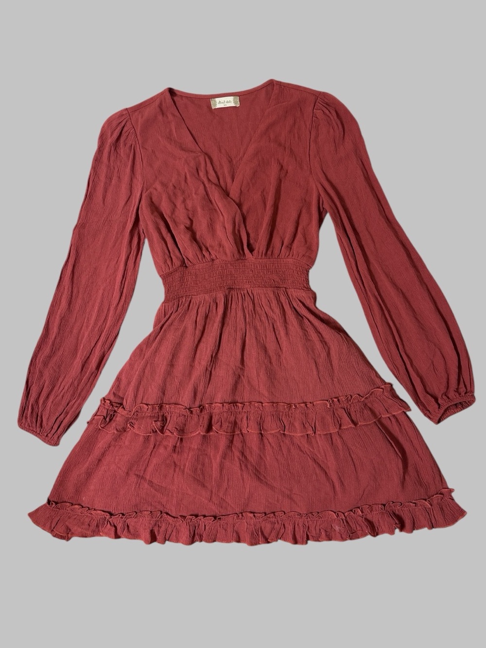 Altar'd State Rust Long-Sleeve Tiered Ruffle Mini Dress